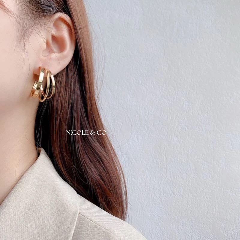 Nicole & Co (H04) - Anting 3 Gold Ring / Anting Tiga Bulat Besar Warna Emas  / Anting Fashion Korea 