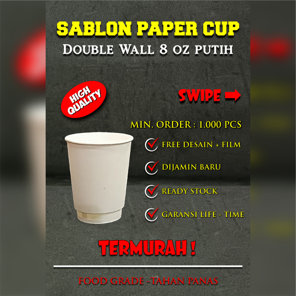 Sablon Gelas Paper Hot Cup Double Wall Putih / Hitam / Craft 8 oz | Sablon 1 Warna