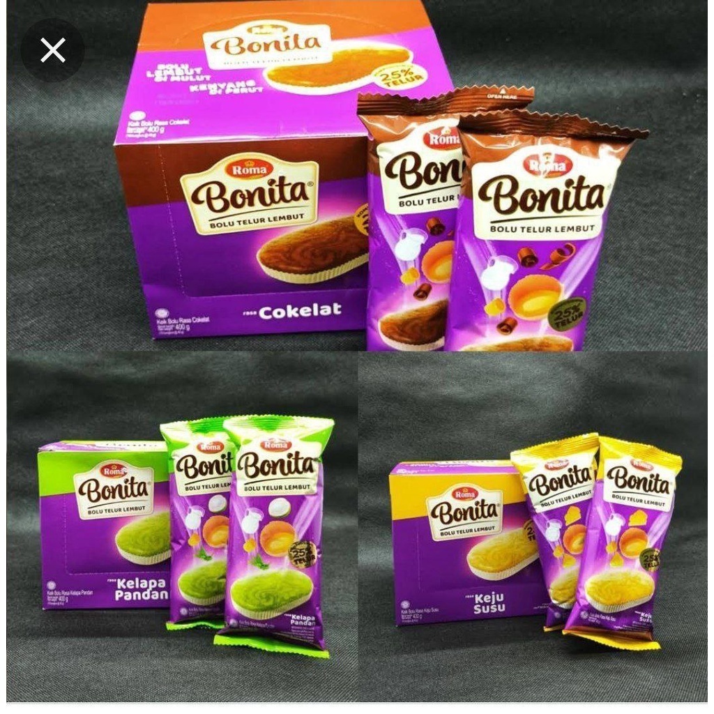 

Camilan makanan Ringan Snack Roma Bonita Bolu Telur Lembut 30 Gr x 12 pcs Rasa Coklat, Keju Susu, Kelapa Pandan