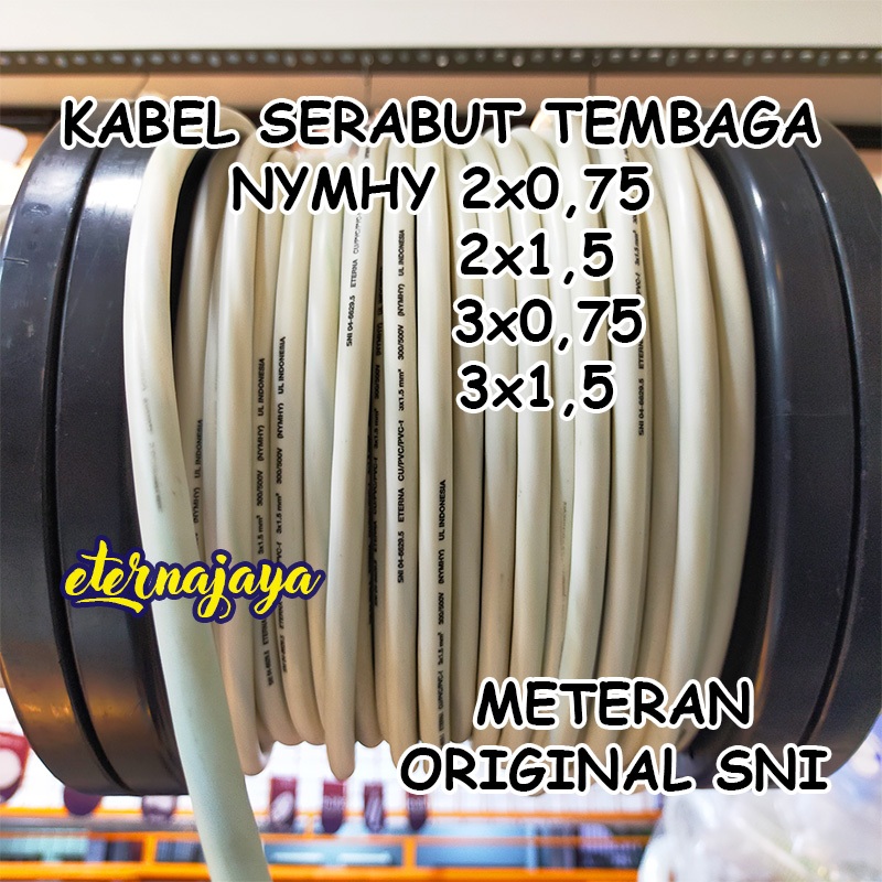 Kabel Listrik Serabut Tembaga Meteran NYMHY 2x0,75 2x1,5 3x0,75 3x1,5 Putih ETERNA SNI