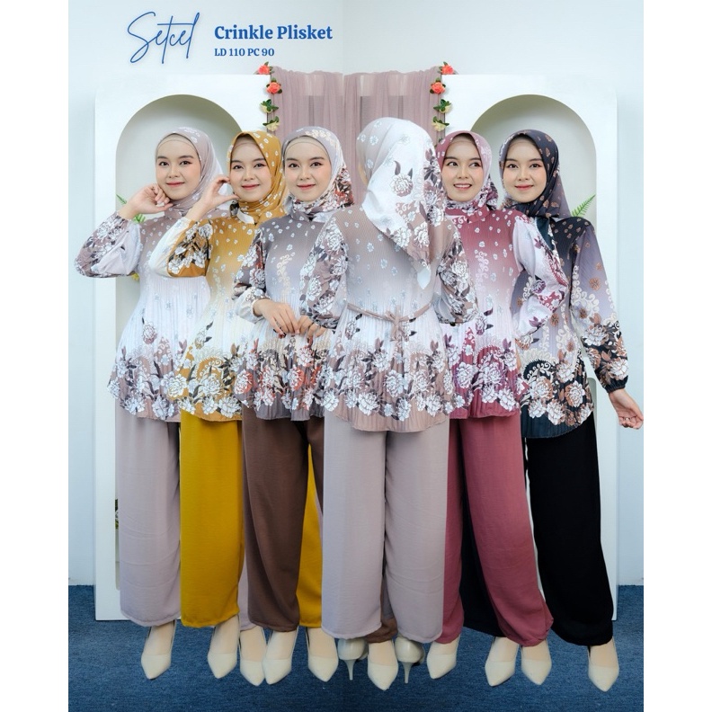 One Set Tunik Jumbo Crincle Plisket Lidi Motip Set Hijab Segi Empat