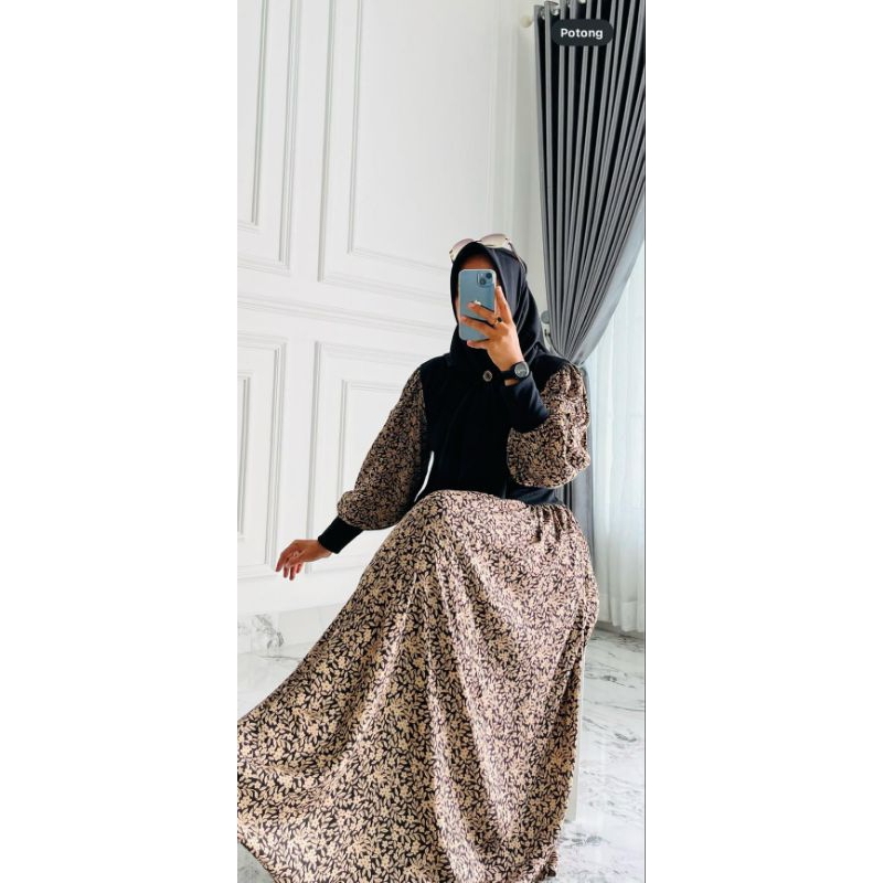 Terbaru gamis inces kekinian motif bunga bahan rayon kombinasi kaos Rip