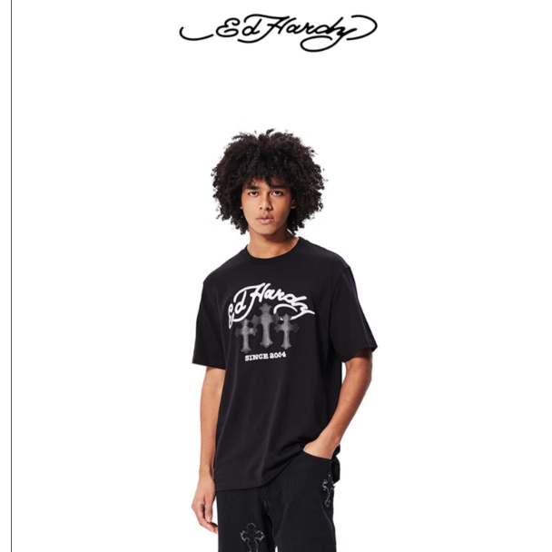 Ed Hardy Men's black short-sleeved shirt with European cross pattern