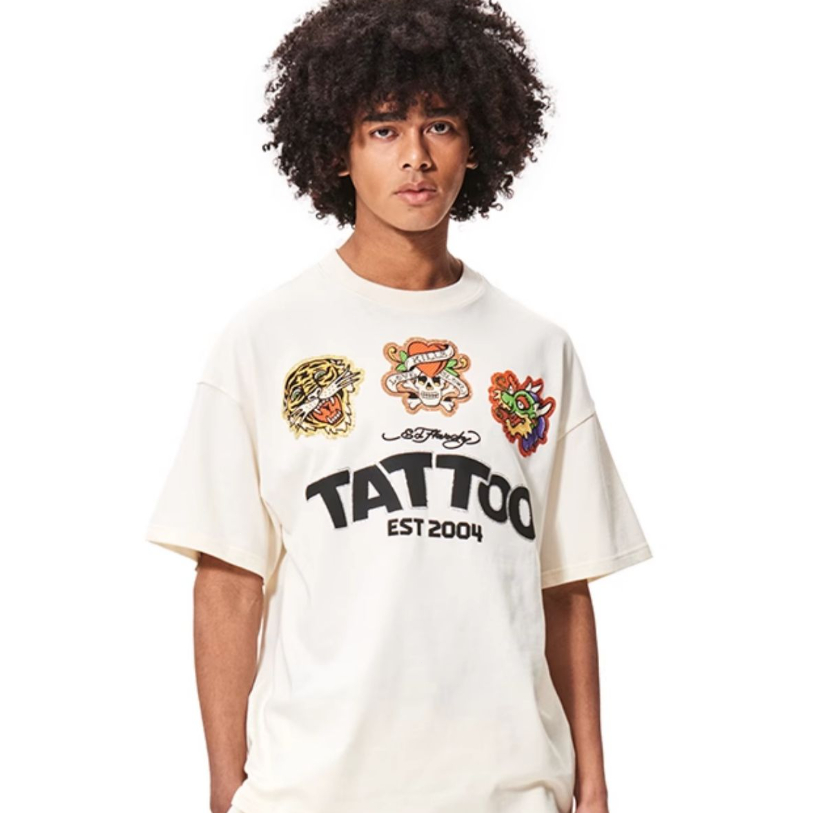 Ed Hardy White short-sleeved tiger pattern T-shirt with dragon head and skull pattern