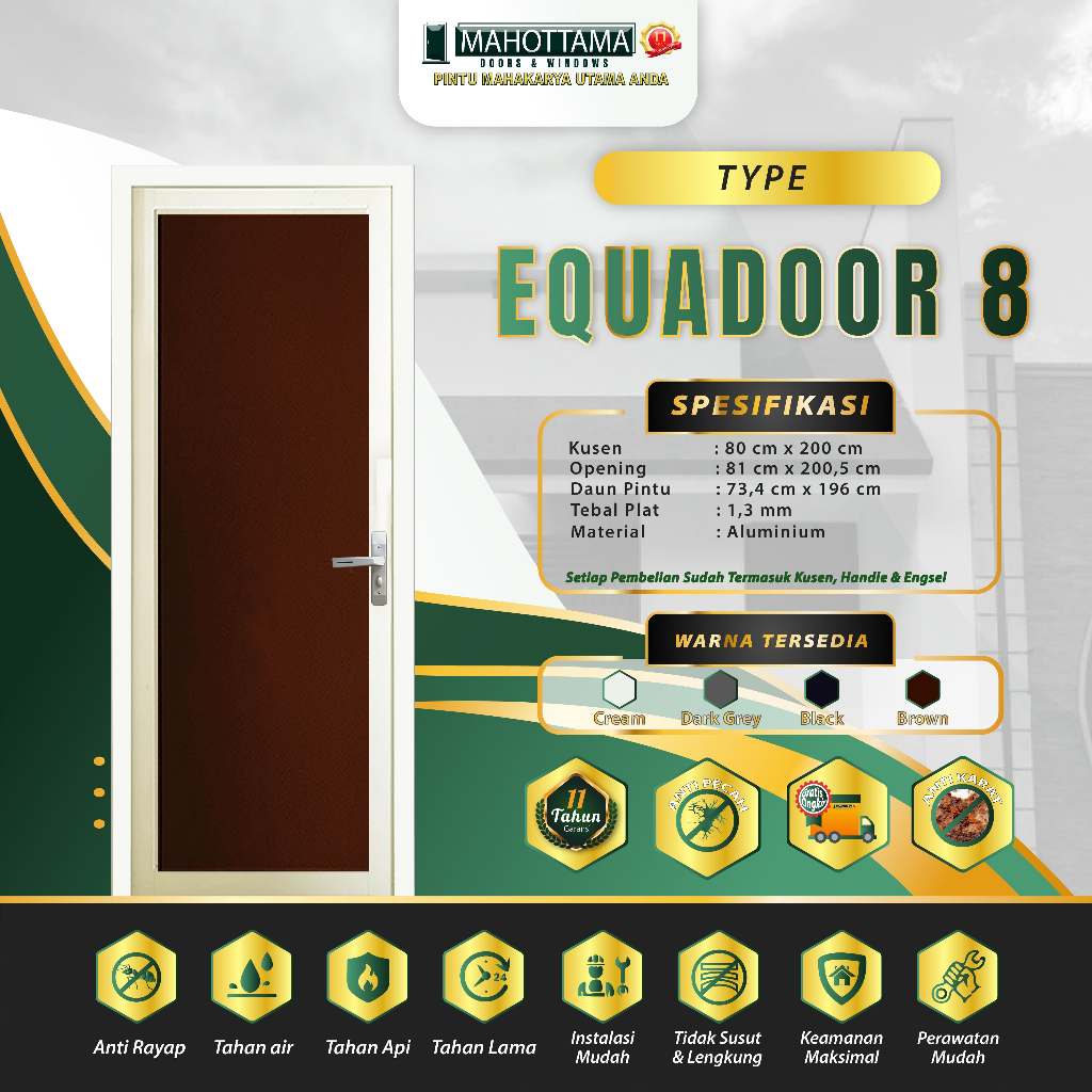 MAHOTTAMA - Pintu Rumah Aluminium Kamar Mandi / Tidur / Gudang 80 x 200cm Kusen Murah EQUADOOR-08