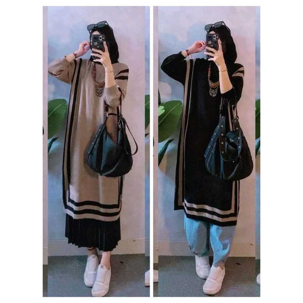 Long Tunik/Midi Dress Knit Rib Line Polos Kombinasi Warna