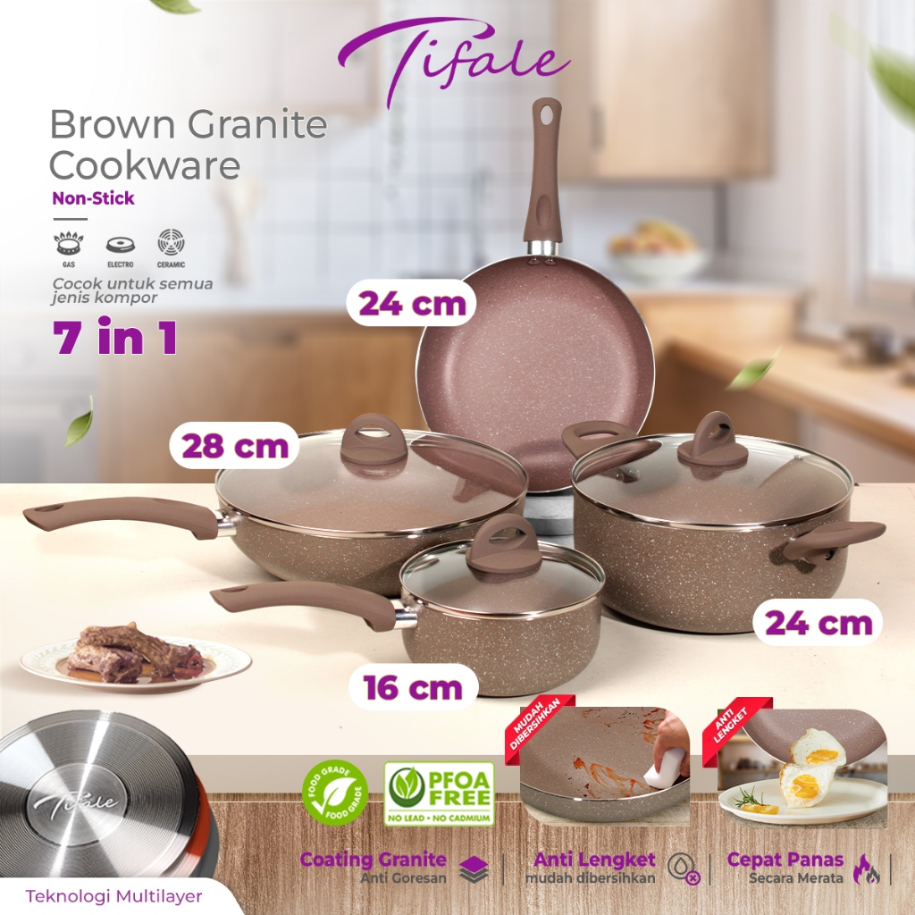 Tifale Brown Granite Antilengket Peralatan Masak Dapur 7PCS Untuk Semua Kompor Panci Wajan Penggoren