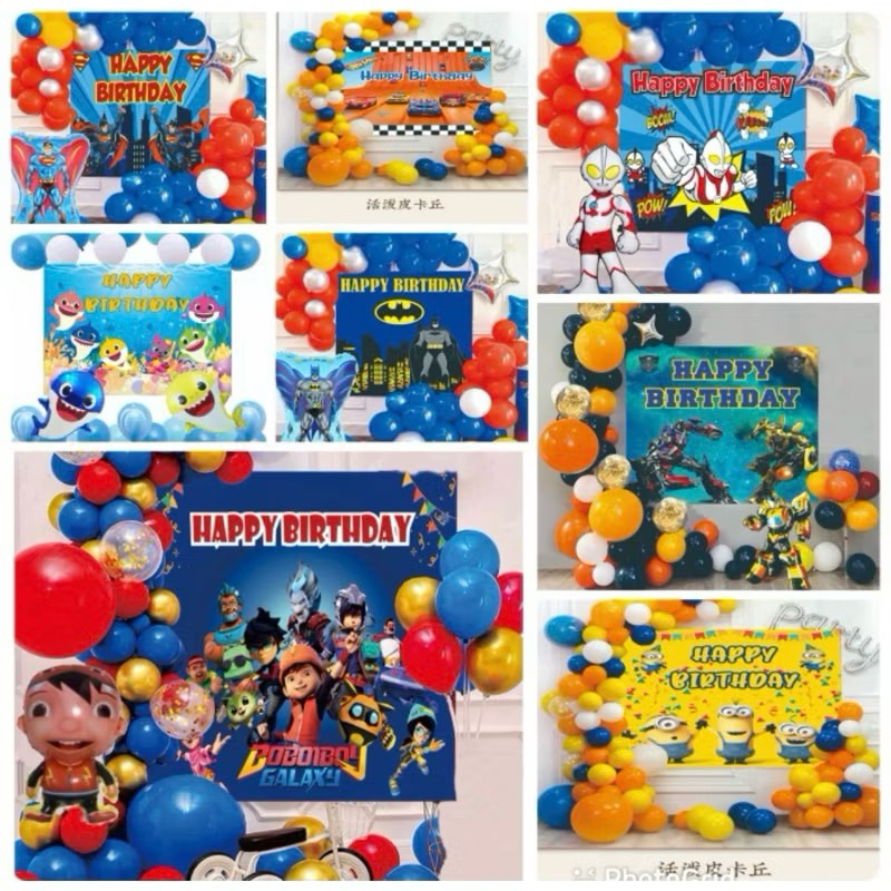 Paket backdrop balon ready stock karakter roblox/pororo/hothweels/pokemon/boboiboy/avengers/shark/tr
