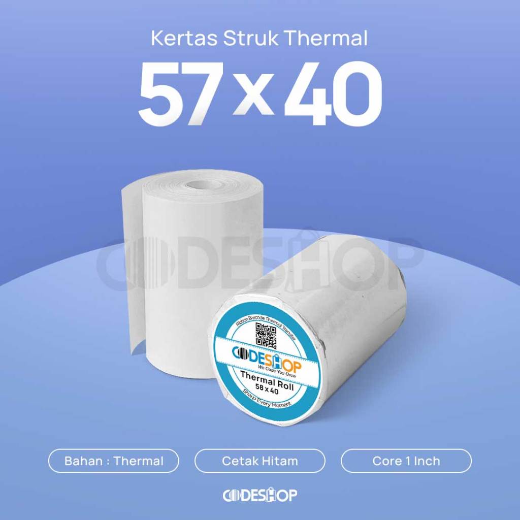 

Kertas Thermal 57x40 mm Codeshop Roll Struk Kasir Paper Termal Coreless Printer Bluetooth 58mm