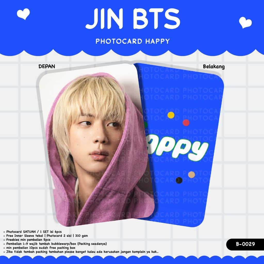 PHOTOCARD JIN BTS HAPPY KOLEKSI TERBARU 2 SISI LAMINASI GLOSSY FANMADE BAHAN TEBAL PC BTS TERBARU