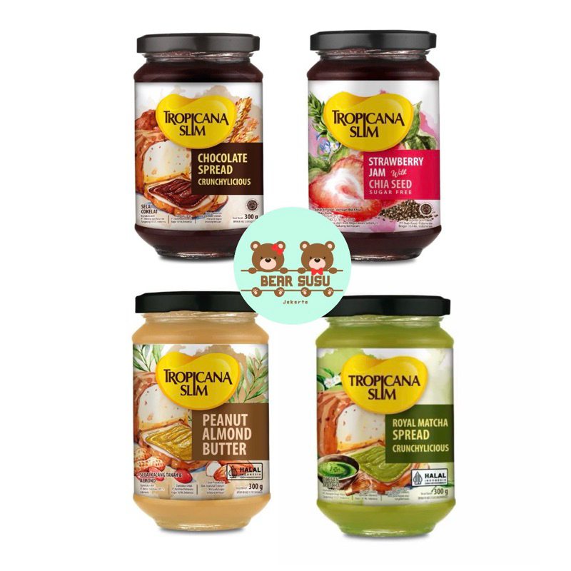 

Tropicana Slim Selai 1 Jar Chocolate Spread 300gr / Peanut Almond Butter 300gr / Strawberry Jam 375gr / Royal Matcha Spread 300gr