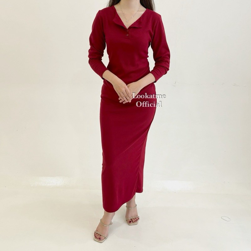 IVANNA DRESS - Ivanna Long Dress Wanita Bodycon Stretch Kerah Kancing Melar Casual