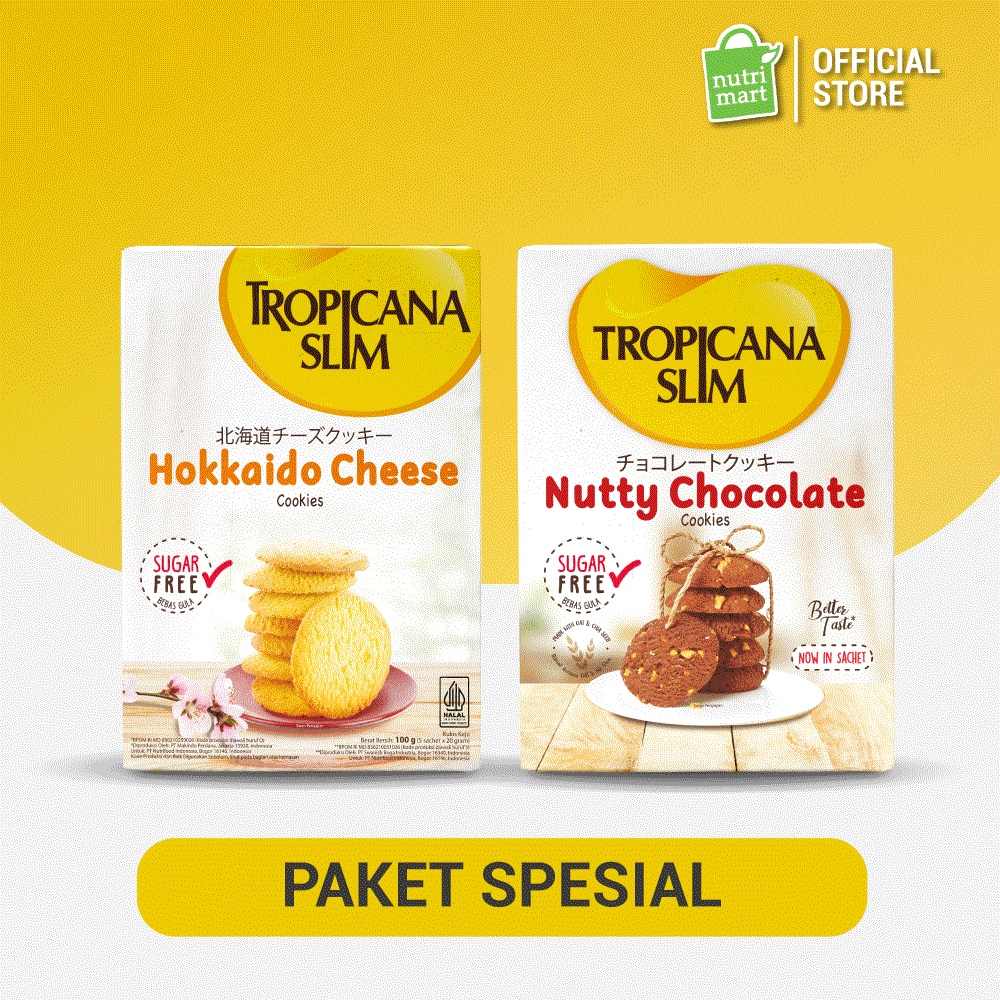 

Paket Cookies - Tropicana Slim Hokkaido Cheese Cookies (5 Sch) + Tropicana Slim Nutty Cookies Chocolate (10 Sch) - Biskuit Rendah Kalori