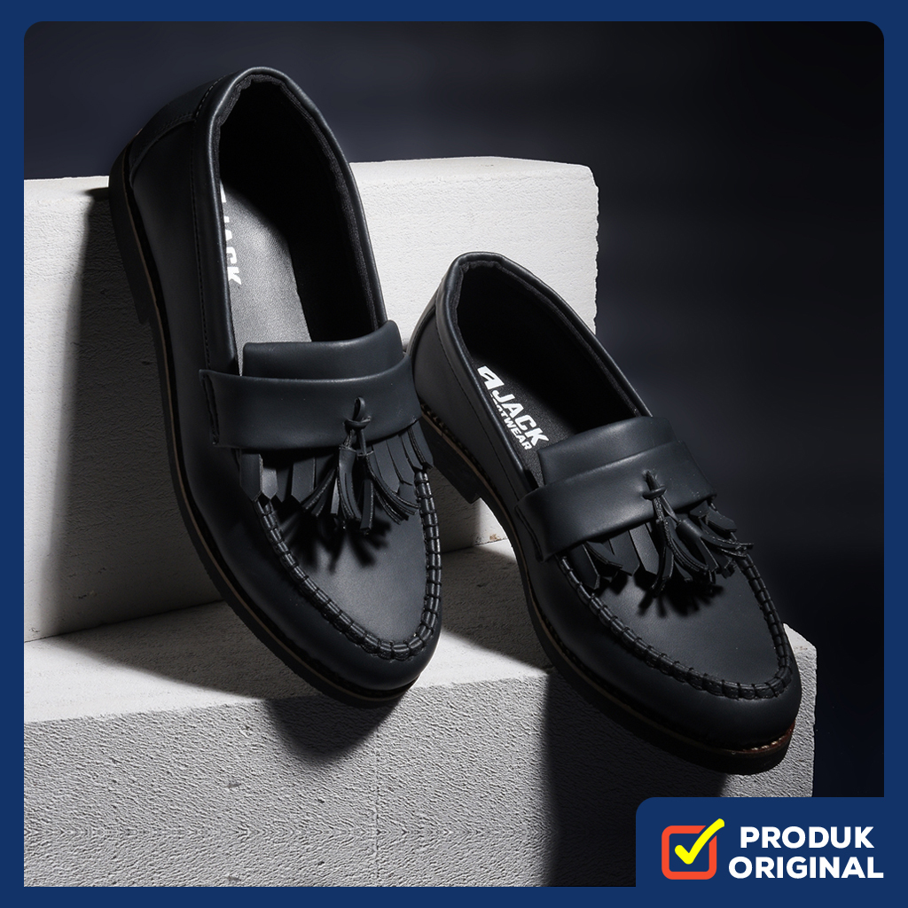 AARON BLACK ORIGINAL x JACK Sepatu Loafers Hitam Pria Slip On Formal Casual Kerja Kantor Kuliah Slop