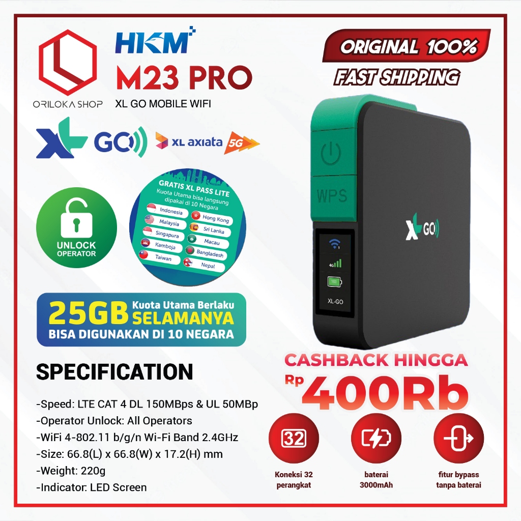 HKM M23 PRO Modem Mifi Wifi XL GO IZI 4G Portable Bypass & Unlock Bonus Data 25GB