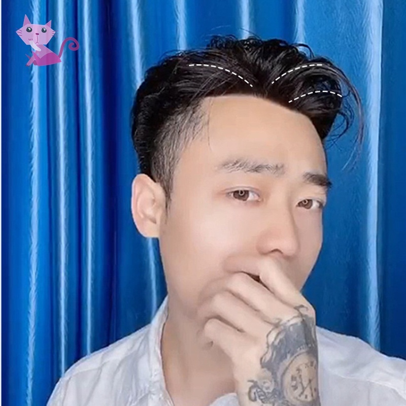 Sepotong wig, dahi pria bangs palsu, M-bentuk garis rambut patch, wig patch, bangs, natural full hai