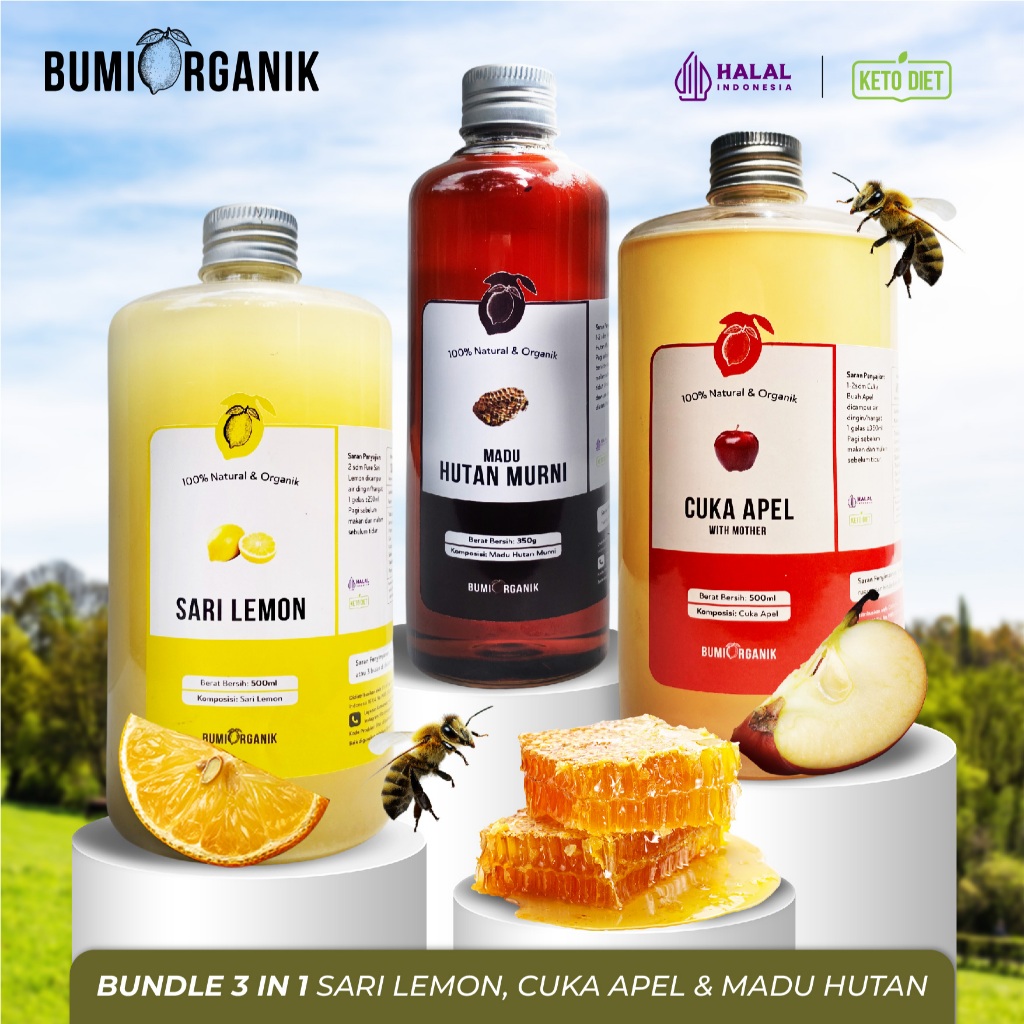 

PAKET 3 IN 1 SARI LEMON CUKA APEL & MADU MULTIFLORA / HUTAN BUMI ORGANIK UNTUK DIET WAJAH LAMBUNG ORIGINAL HALAL APPLE CIDER VINEGAR WITH MOTHER HALAL ORGANIC DEHEALTH NUTRILOGY OFFICIAL / NUTRIFARM / DARI BUMI / BEORGANIK TAHESTA BRAGG VINEGAR HEINZ