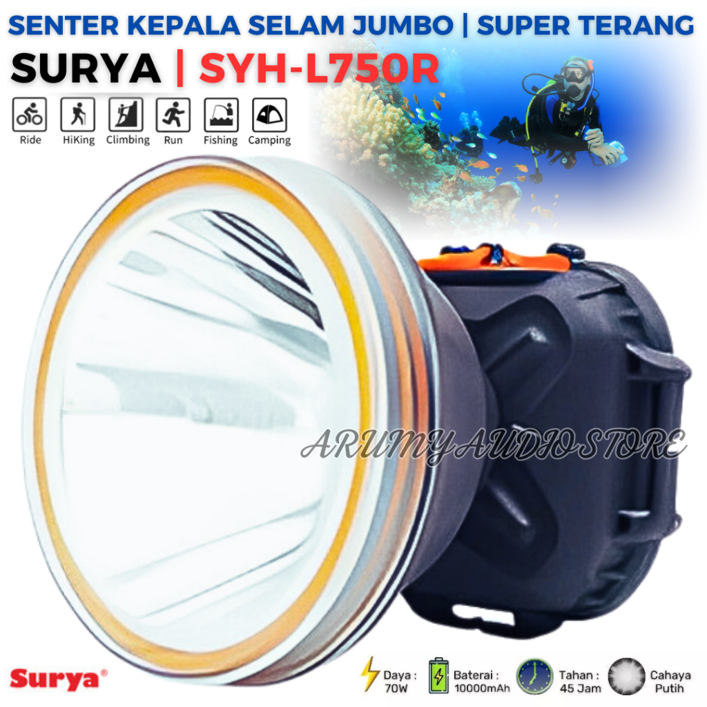 Headlamp Diving Led Super Terang | Senter Kepala Selam Surya Syh-L705r 70 Watt | Headlamp Diving Sup