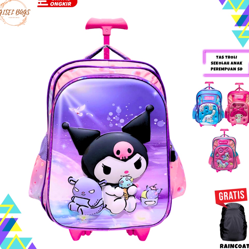 KODE T4F tas koper anak perempuan sekolah sd kelas 1 sampai 6 motif gambar kuromi sanrio timbul 3D w