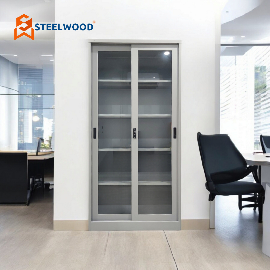 STEELWOOD ||  ALMARI SLIDING KACA 2 PINTU/LEMARI ARSIP BERKAS/ALMARI BESI/LEMARI SERBAGUNA