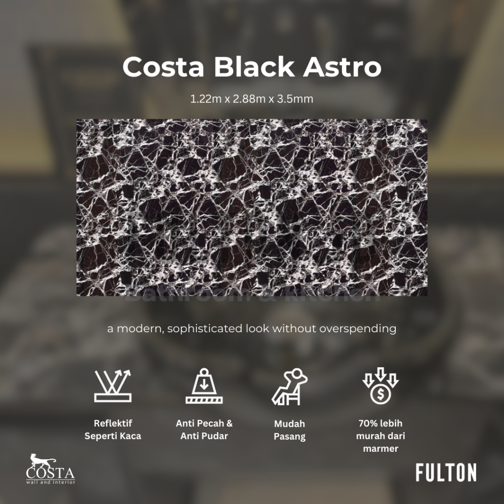 Costa PVC Akrilik Marmer Black Astro 1.22m x 2.88m x 3.5mm