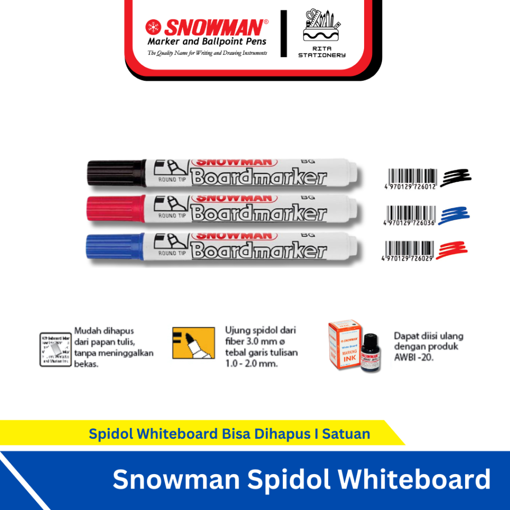 

Spidol Snowman Whiteboard Marker Bisa Dihapus Papan Tulis BG-12 I Hitam Merah Biru - Satuan