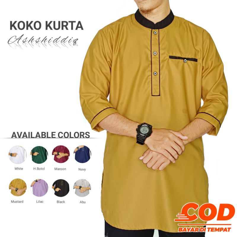hot sale koko kurta ashshiddiq - baju koko kurta pria dewasa lengan 3/4 warna mustard putih hijau