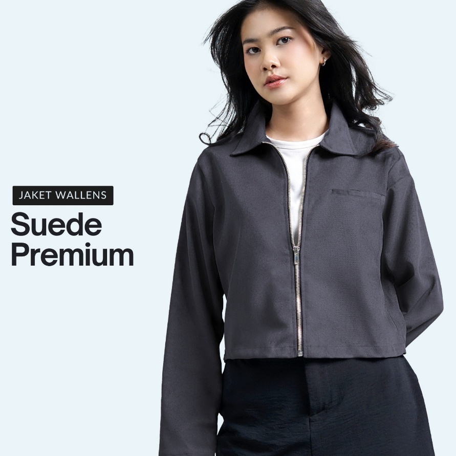HJ6 BELNE WALLENS Jaket Crop Wanita Lengan Panjang Full Zipper Bahan Suede Premium