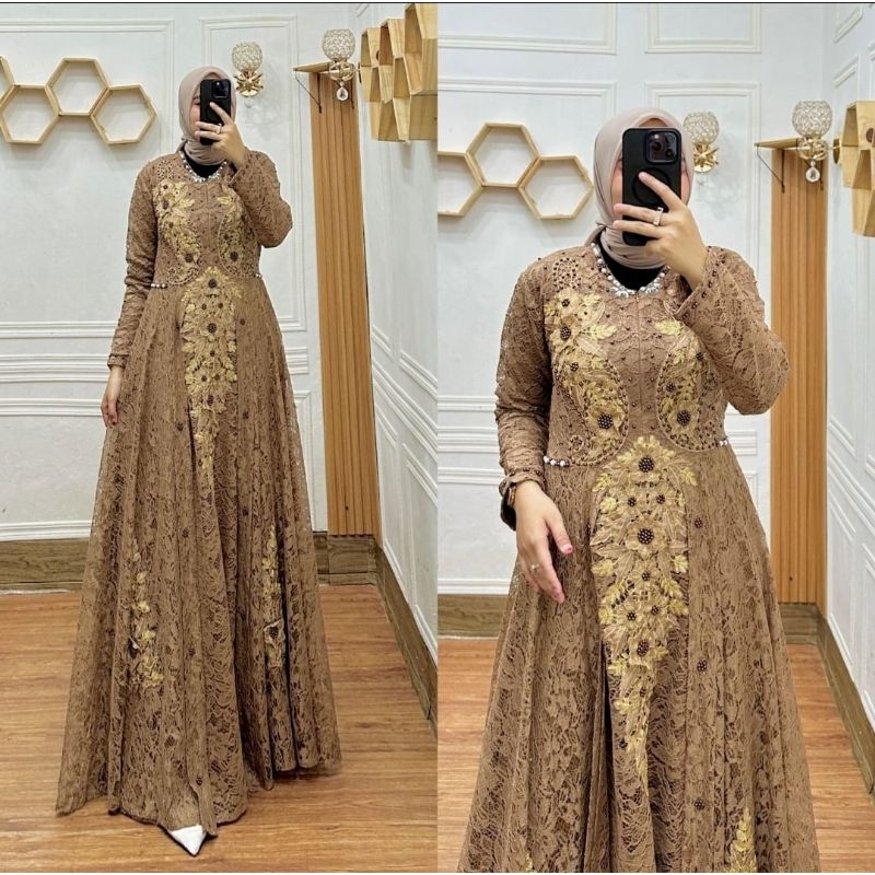 EllenaQueen—Gamis Brokat Payet Bordir Busui Pesta Kekinian//Gamis Brokat Jumbo Modern//Gamis Best se