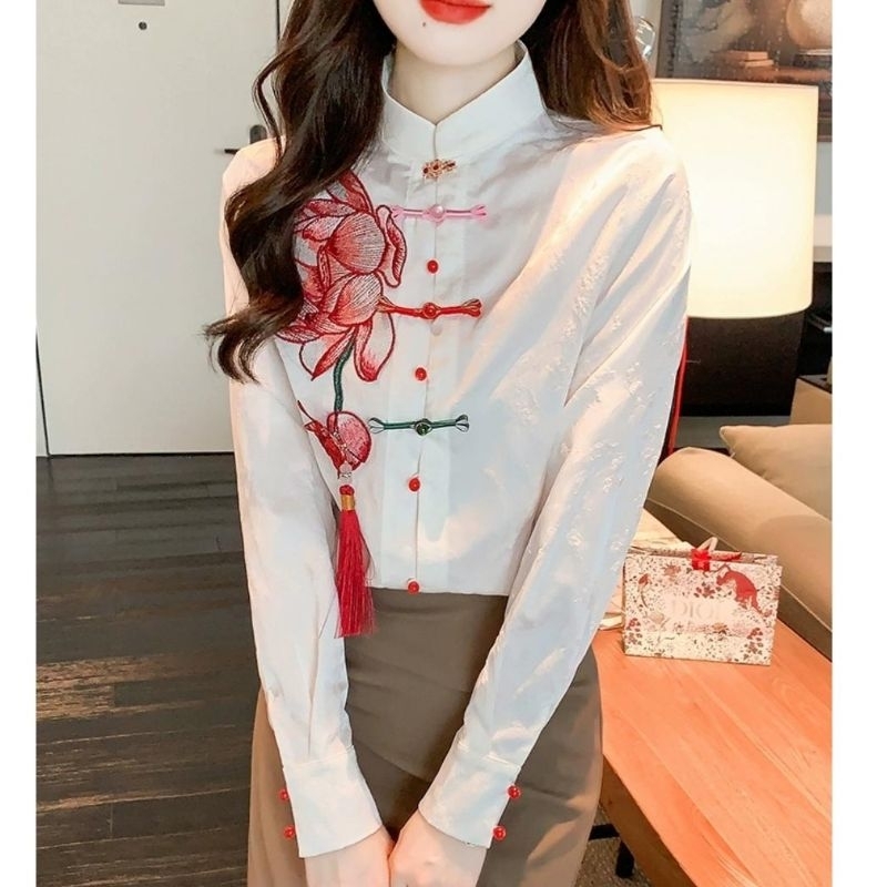 0294 Fashion Pakaian Atasan Baju blus blouse kemeja lengan panjang cheongsam sanghai ceongsam merah 