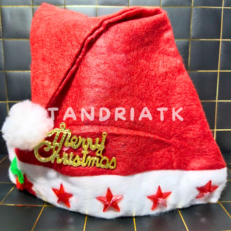 Topi Natal Tulisan Merry Christmas LED Lampu Bintang Topi Santa Premium Tebal All Size