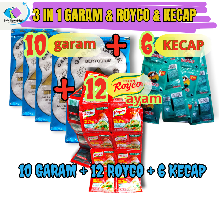 

3 IN 1 PAKET GARAM DAPUR 10 PCS & ROYCO 12 PCS & KECAP BANGO 6 PCS