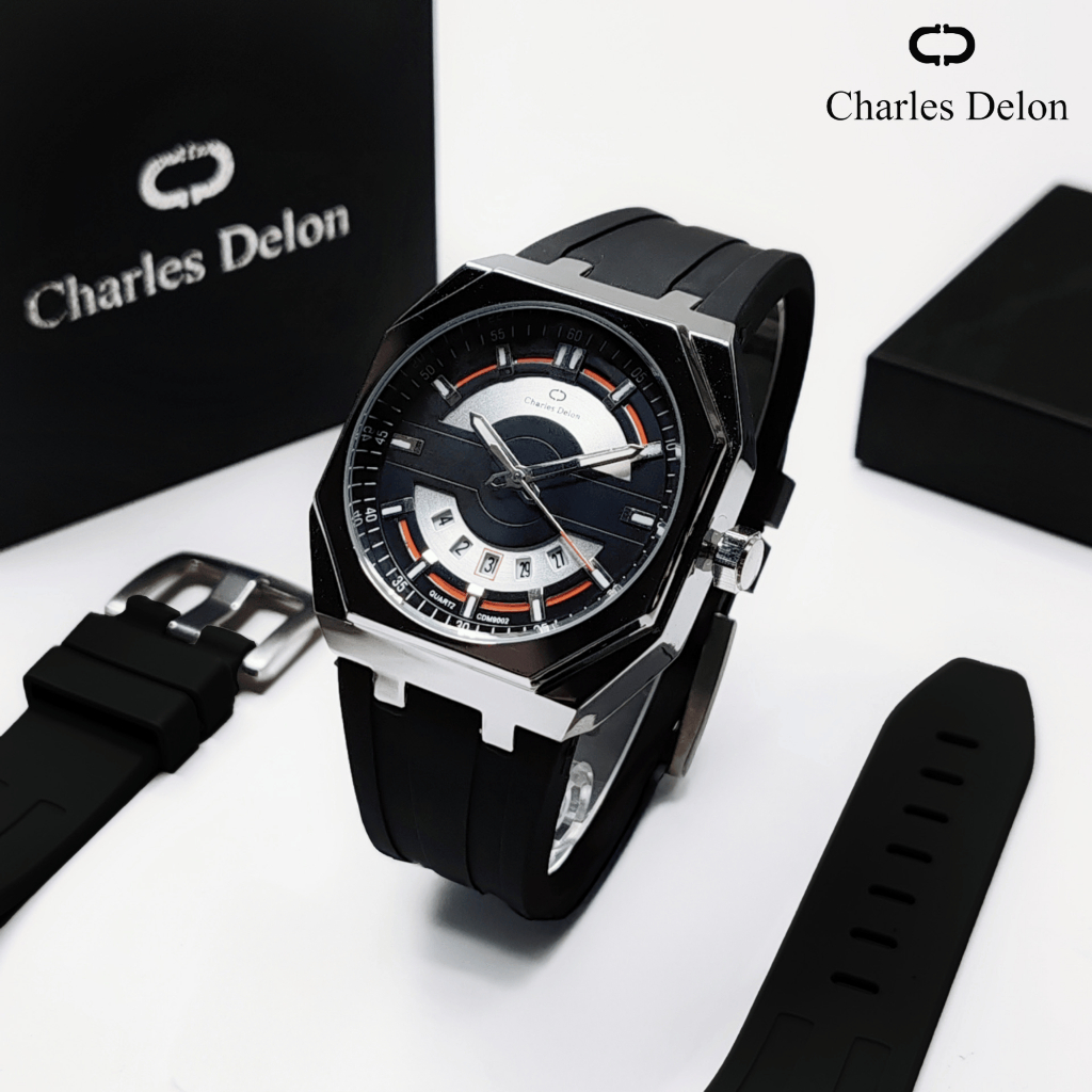 Jam Tangan Pria Watch Karet Anti Air Tanggal Box Original Charles Delon CDM 9002 C