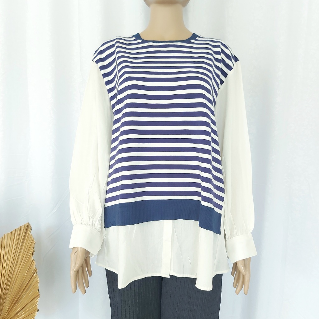 Blouse Wanita Premium Navy Motif Salur Impor