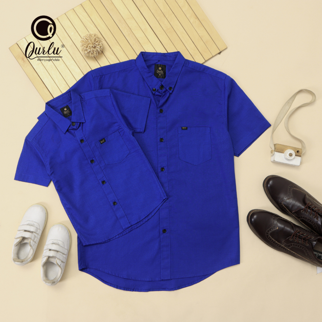 Qurlu - Kemeja KERAH FORMAL dewasa/anak warna biru BENHUR/BIRU ELEKTRIK (bisa couple ayah dan anak)