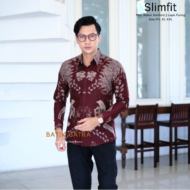 Batik pria slimfit lengan panjang adinata burgundy lapis furing
