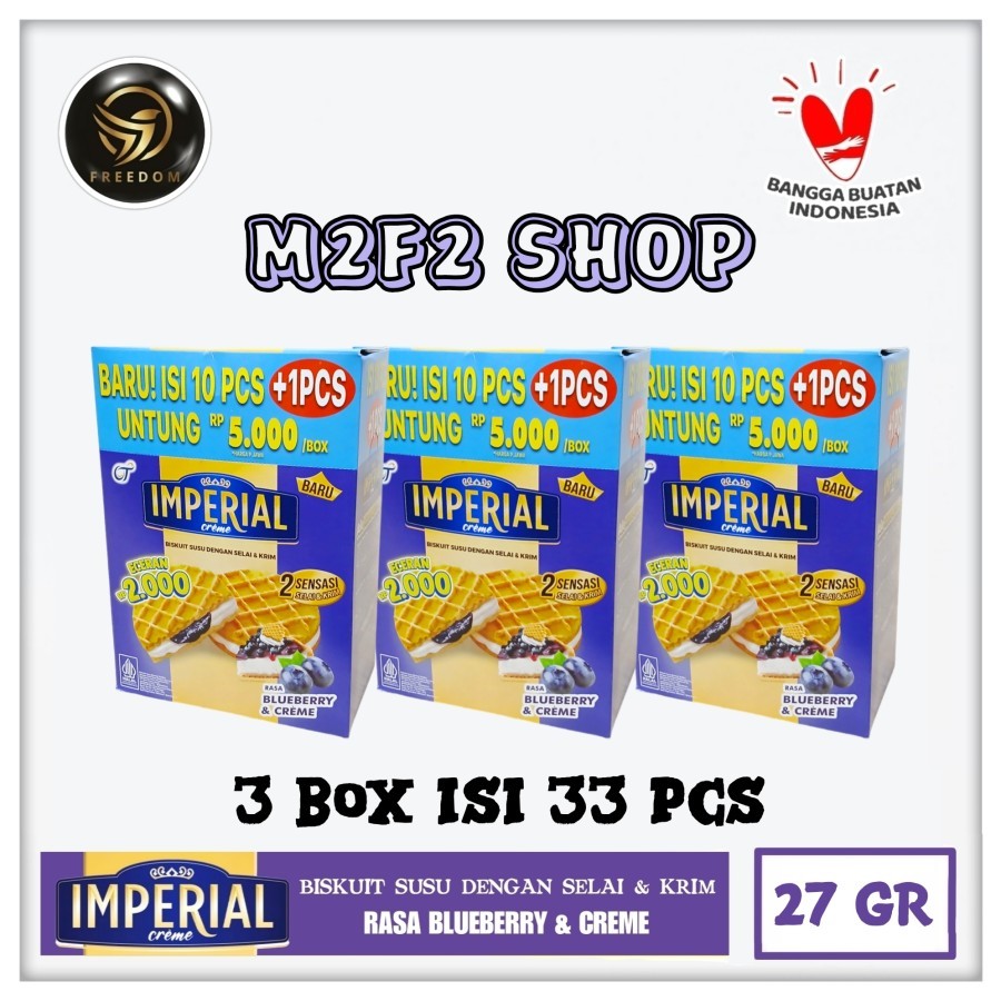 

Imperial Creme Blueberry | Biskuit Susu Selai Rasa Bluberi & Krim Sachet - 27 gr (Kemasan 3 Box)