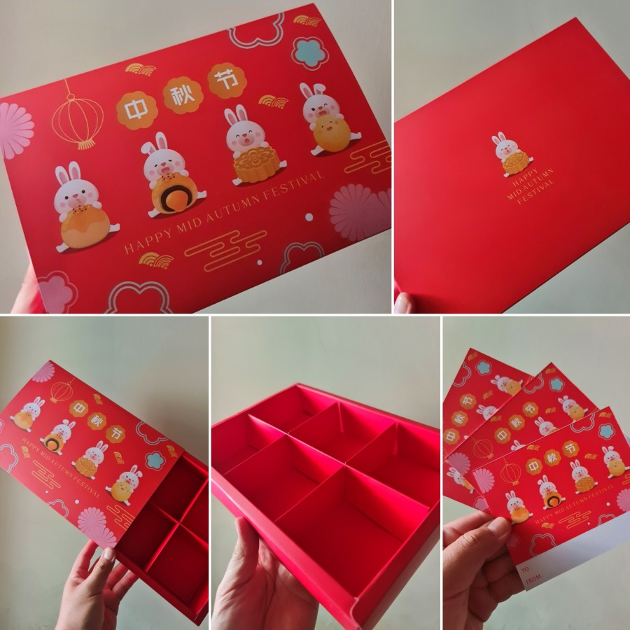 

( 5 pcs ) dus packaging kue bulan sekat 6 bahan art carton dus merah laminasi doff ukuran 17.5x16x5 cm