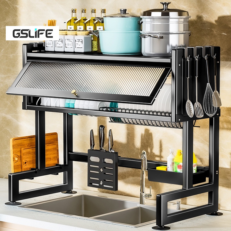 GSLIFE Rak Piring Tertutup Rak Piring Wastafel Stainless Steel Peralatan Dapur Rak Cuci Piring