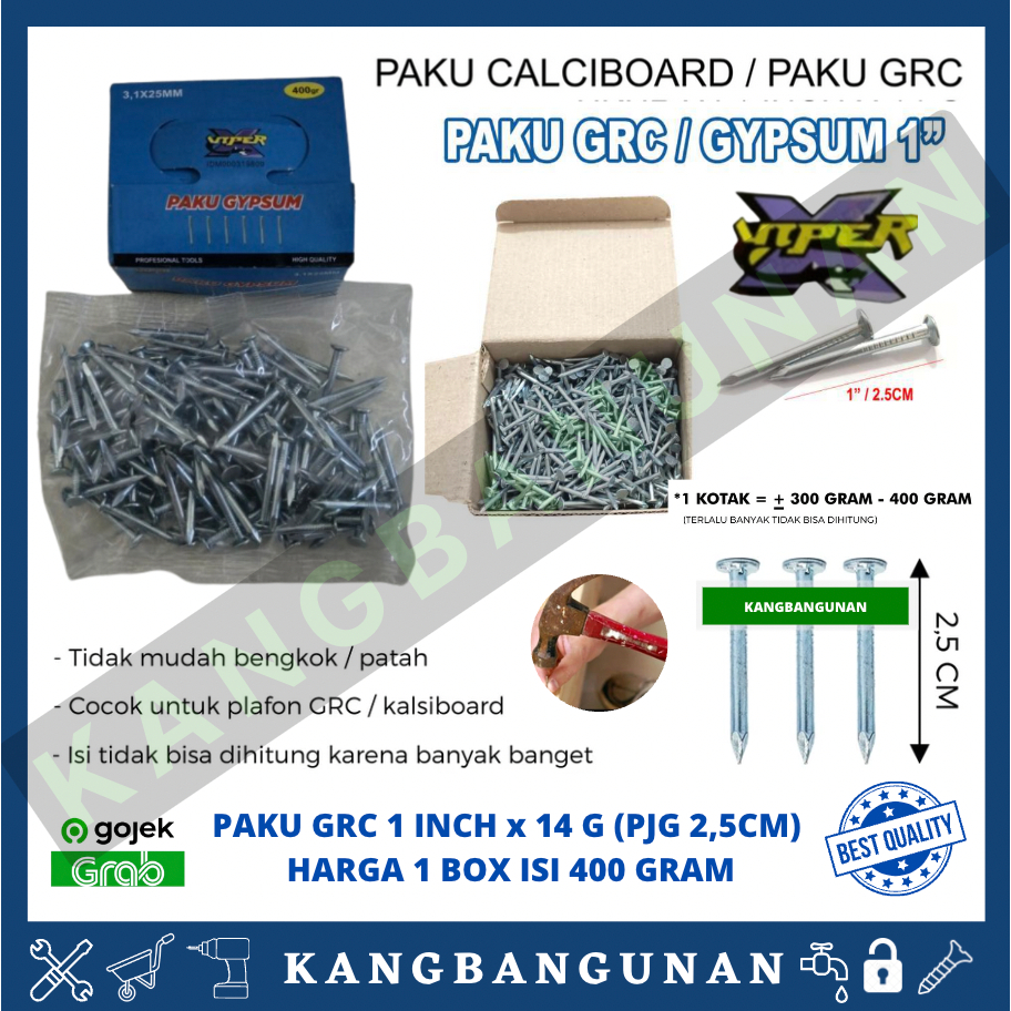 Paku Gypsum/Paku GRC/Plafon Board Nailis 1"/2,5 cm Viper berat Per box 400gr 3,1X25 MM