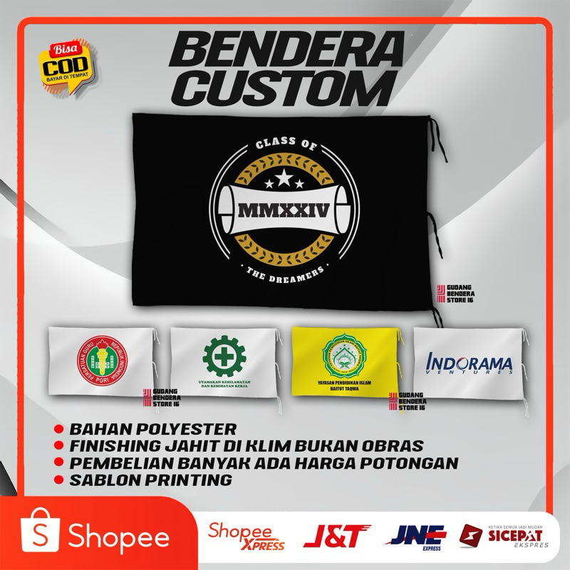BENDERA CUSTOM/BENDERA PATAKA UKURAN 90x60-70x110-80x140 WARNA,LOGO,TULISAN BISA REQUEST