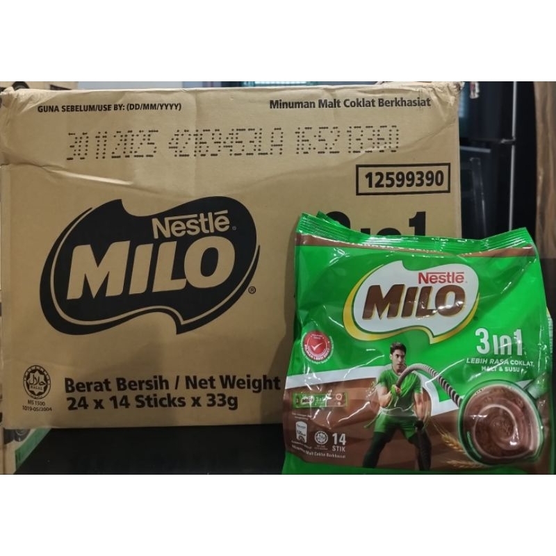 

Milo 3 in 1 Nestle Malaysia 1 kotak isi 24 bungkus x 14 sticks x 33 gram