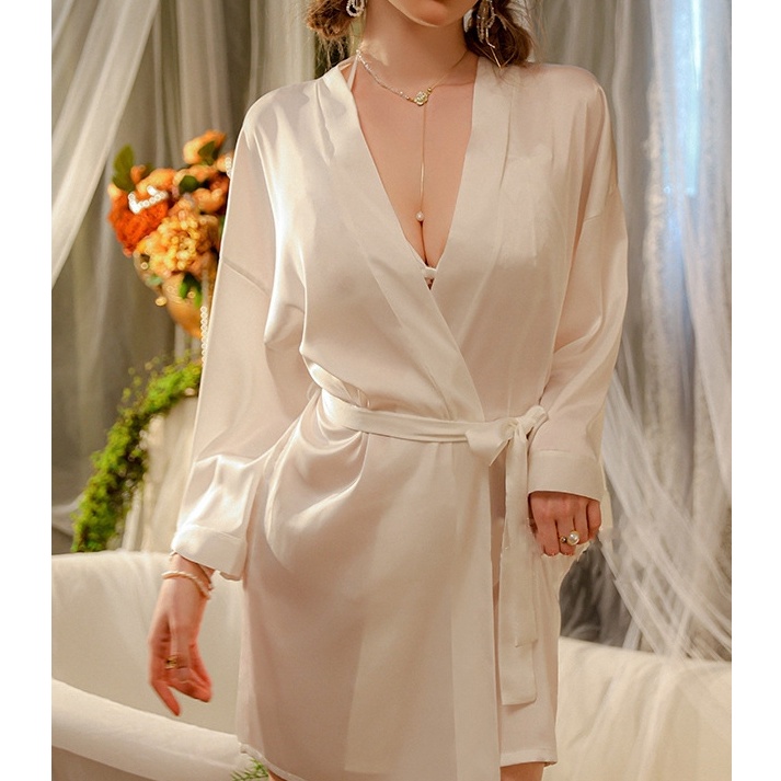 KF7 Gadis Kitty Baju Tidur Wanita Kimono Tidur Sexy Jubah Tidur dengan Sabuk Satin Tipis 8431