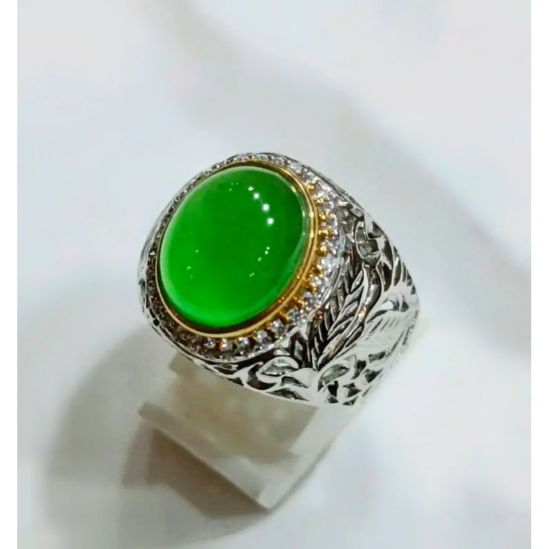 Cincin Batu Natural Giok Burma Perak Ukir