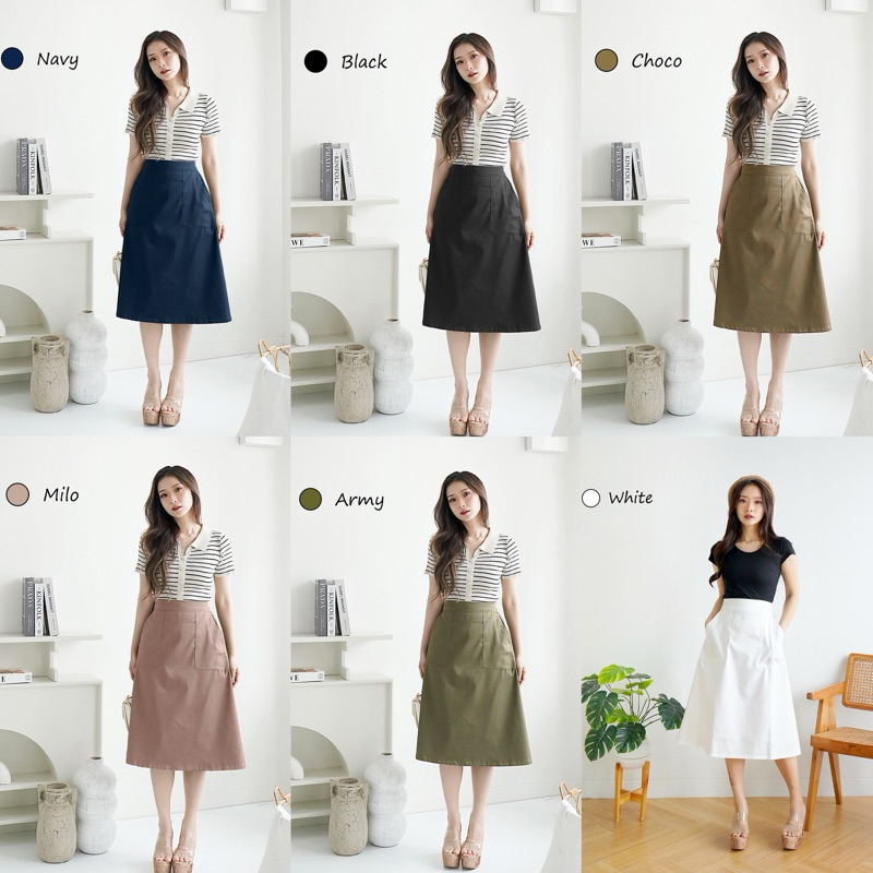 ANGELA SKIRT - Rok Wanita Midi Skirt Katun Polos Model A Line Panjang 7/8