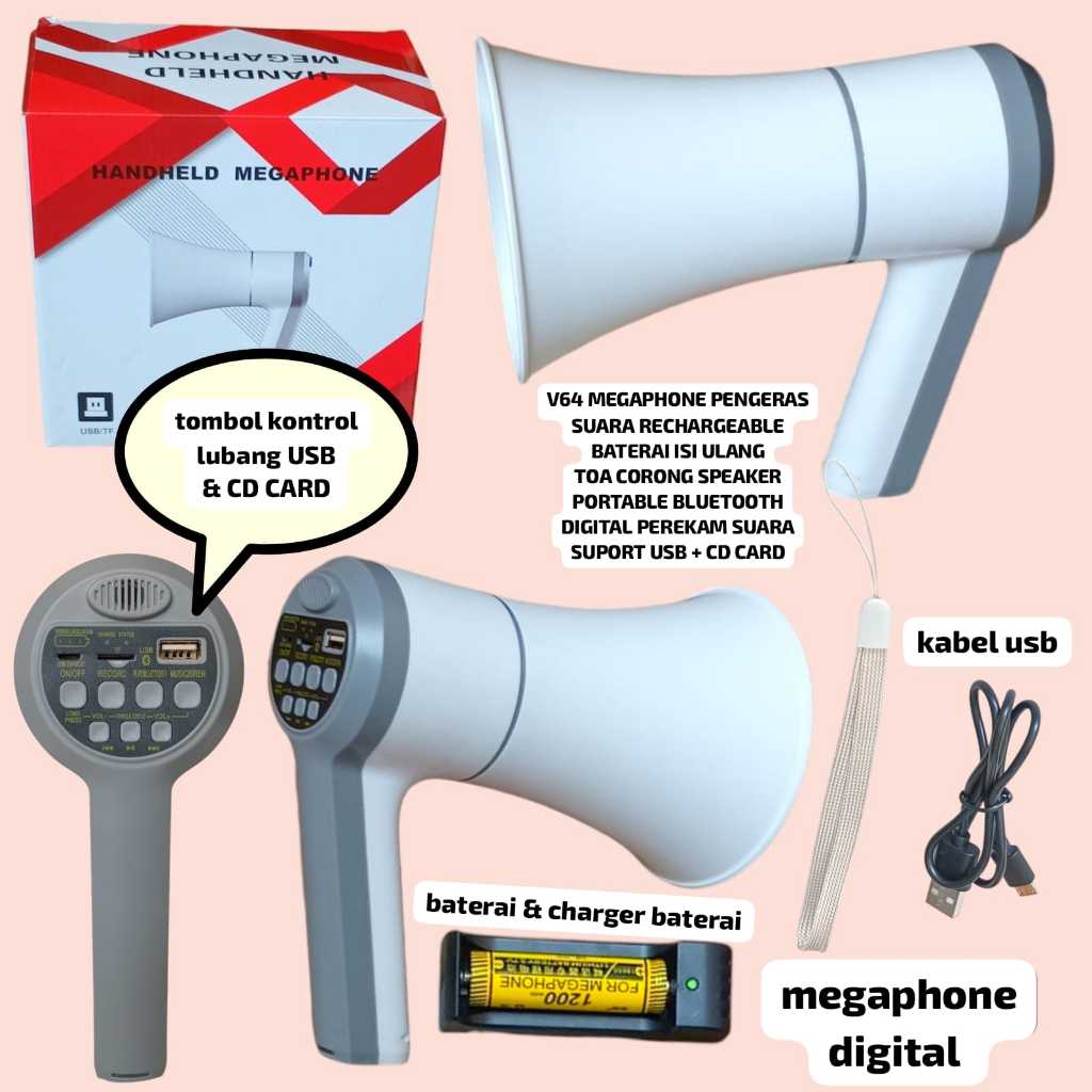 V64 ORI TOA MEGAPHONE SPEAKER PENGERAS SUARA RECHARGEABLE BATERAI ISI ULANG TOA CORONG SPK SPEKER BL