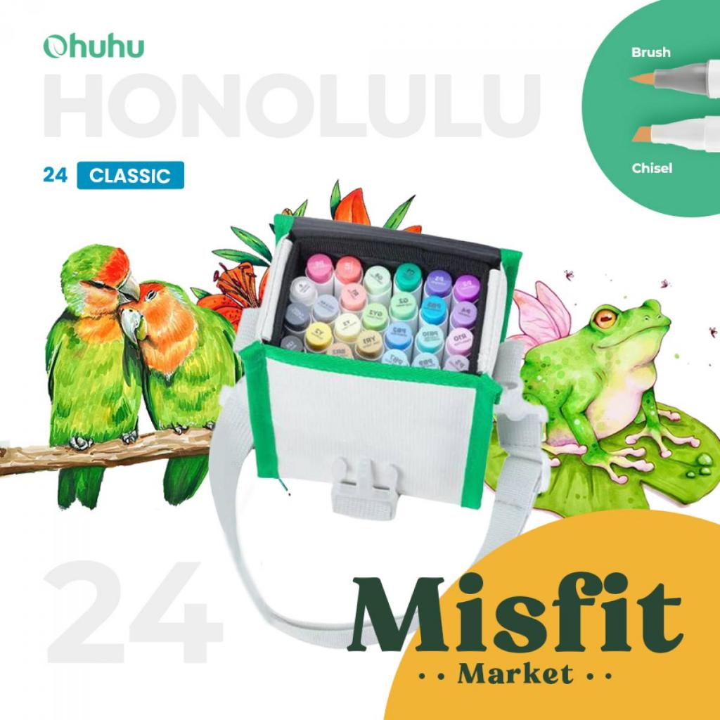 

OHUHU Honolulu 24 48 72 Colors Dual Tip BRUSH & CHISEL Alcohol Art Markers Spidol Warna Alkohol