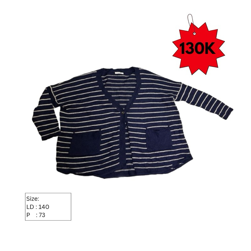 Cardigan Kardigan Perempuan Stripe Garis Putih Navy Kancing Saku Lengan Panjang Jumbo Oversize