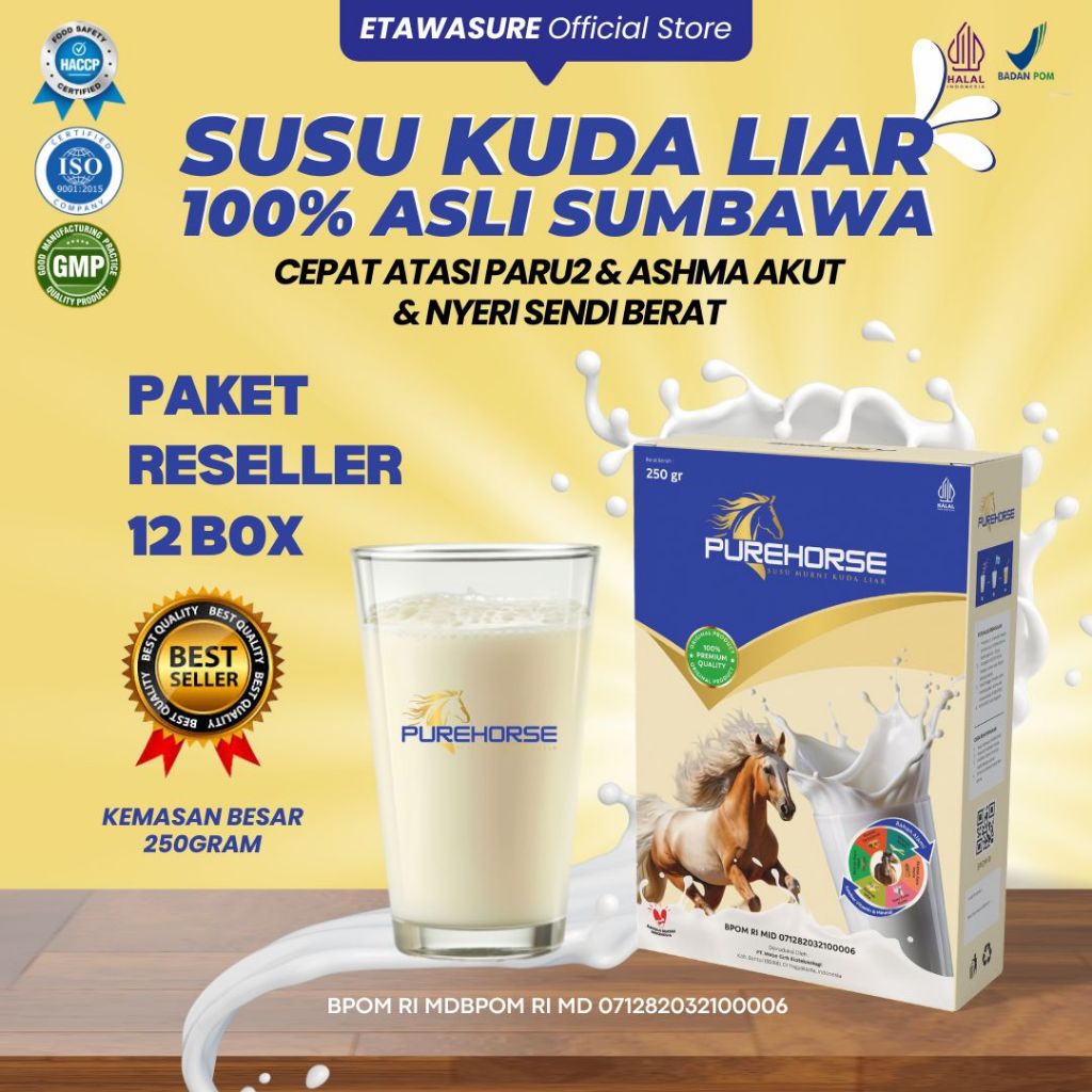 

Susu Kuda Pure Horse 100% Original dari Sumbawa Untuk Keluhan Sesak Nafas Akut dan Nyeri Sendi Berat Kemasan 250gram Paket 12 Box
