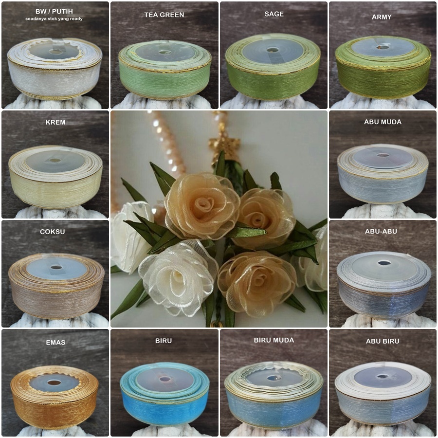 

POR-602 : Pita Kaca / Pita Organdi List Emas 2cm (per rol)